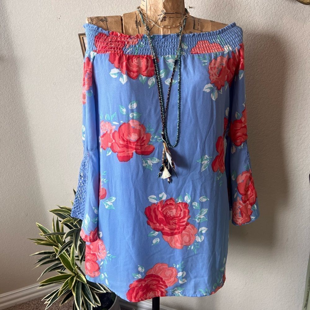 Sequin Hearts Blue Pink Off Shoulder Bell‎ Ruffle Lace Sleeve Short Dress Sz XS